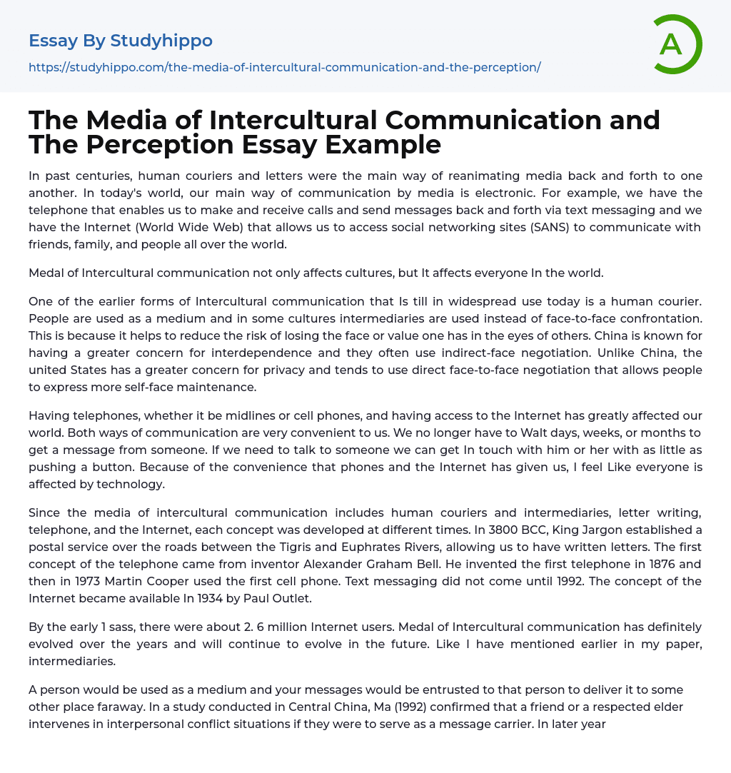 The Media of Intercultural Communication and The Perception Essay Example