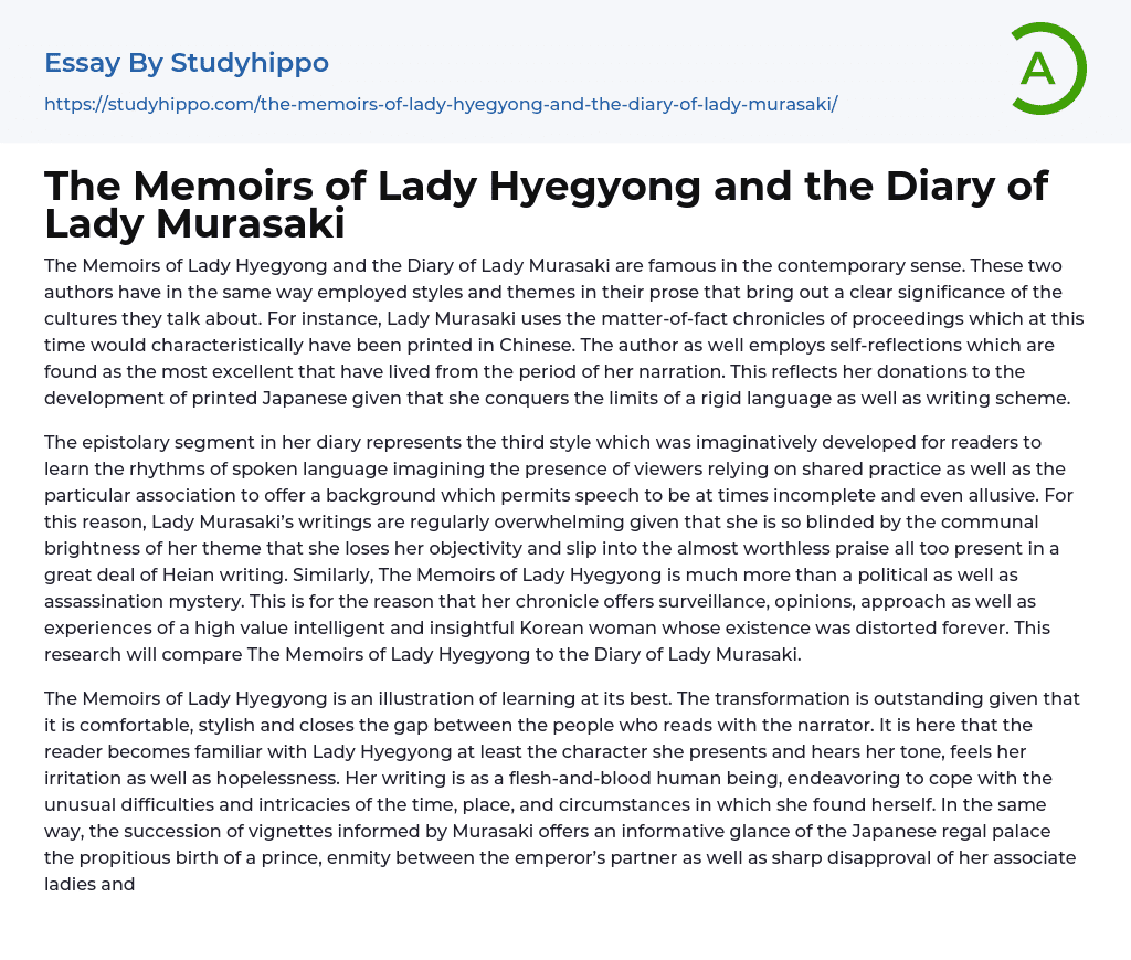 The Memoirs of Lady Hyegyong and the Diary of Lady Murasaki Essay Example