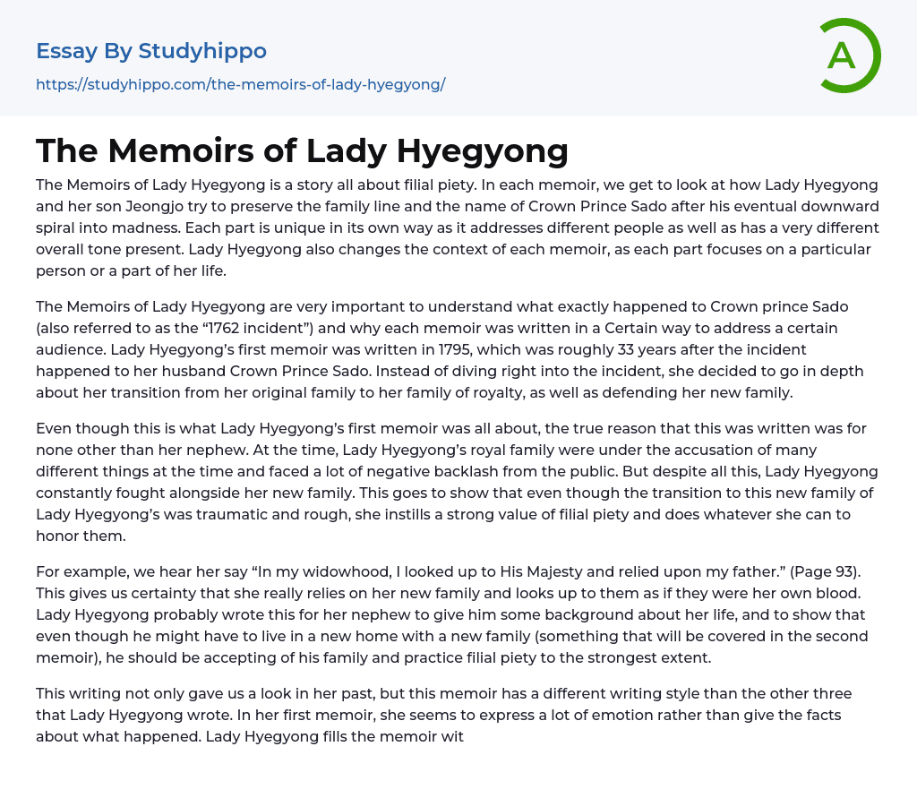The Memoirs of Lady Hyegyong Essay Example