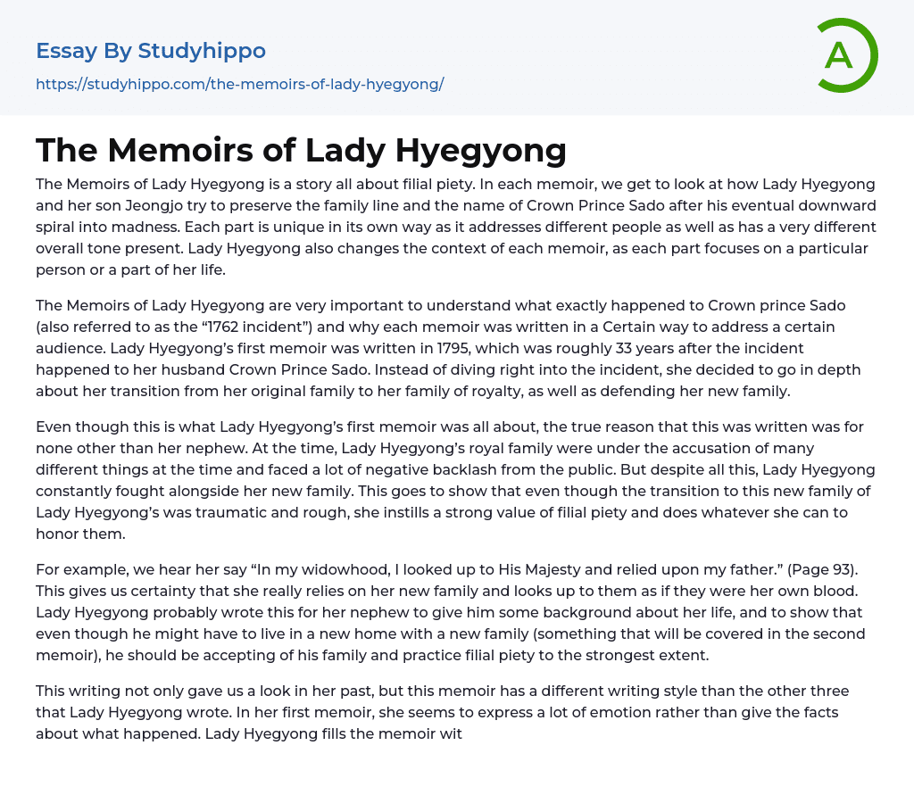 The Memoirs Of Lady Hyegyong Essay Example StudyHippo