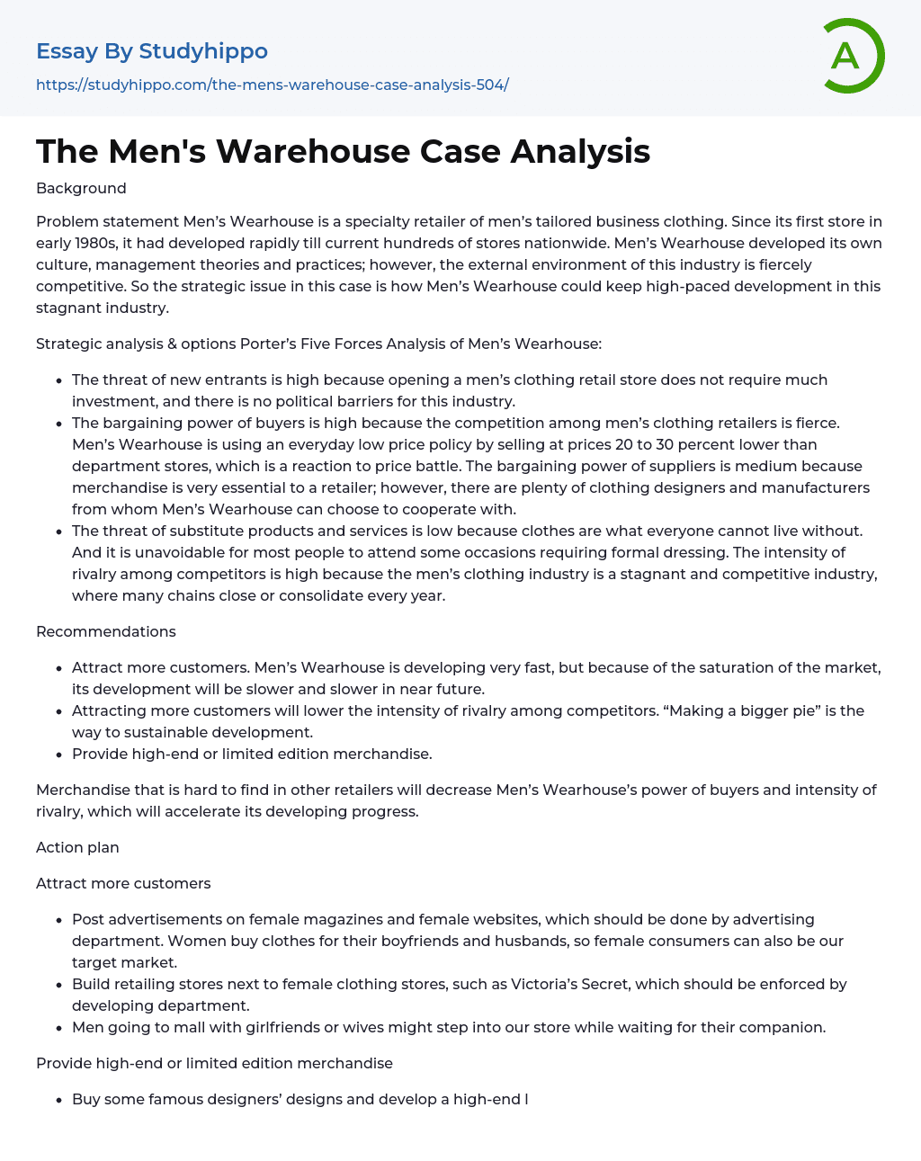 The Men’s Warehouse Case Analysis Essay Example