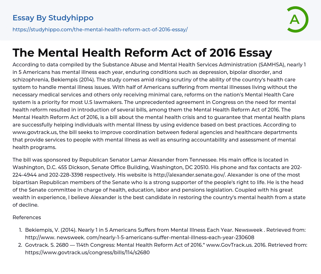 The Mental Health Reform Act of 2016 Essay
