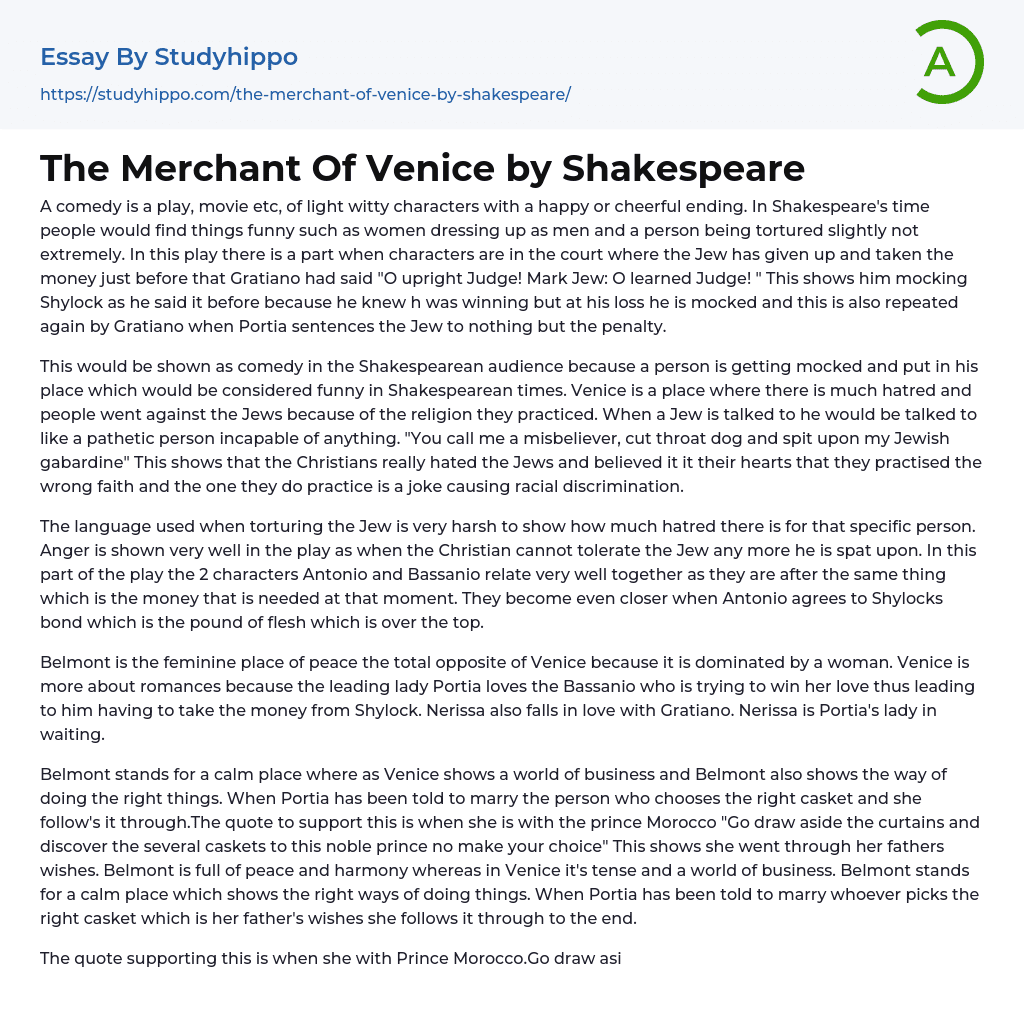The Merchant Of Venice by Shakespeare Essay Example