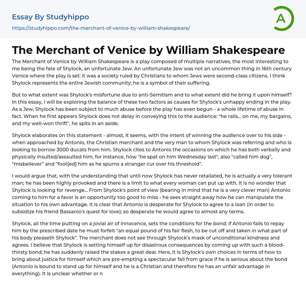 The Merchant of Venice by William Shakespeare Essay Example