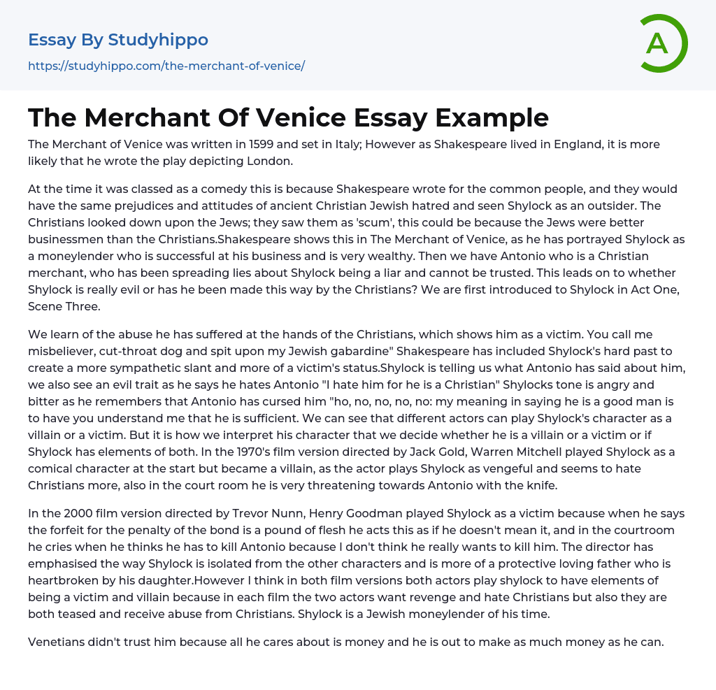 The Merchant Of Venice Essay Example