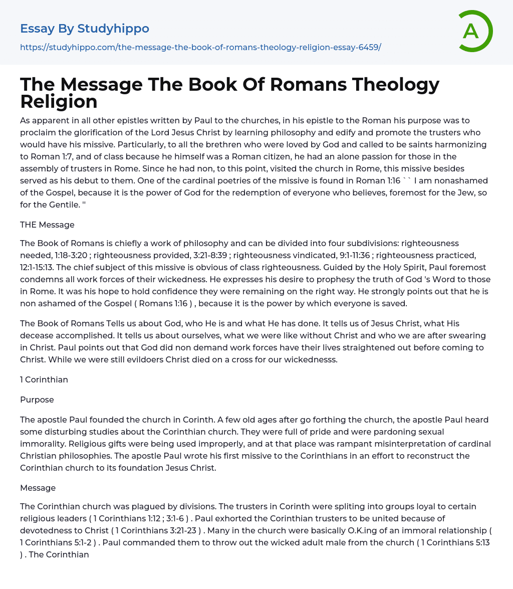 The Message The Book Of Romans Theology Religion Essay Example