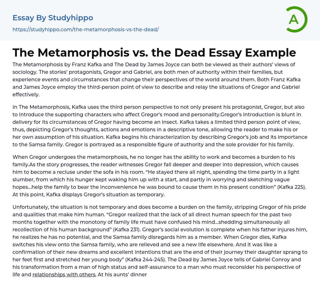 The Metamorphosis vs. the Dead Essay Example