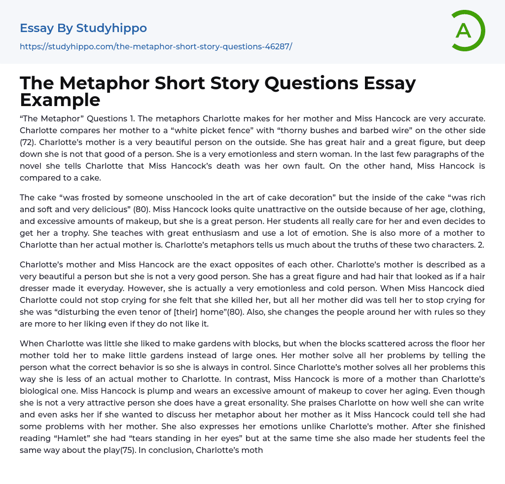 The Metaphor Short Story Questions Essay Example