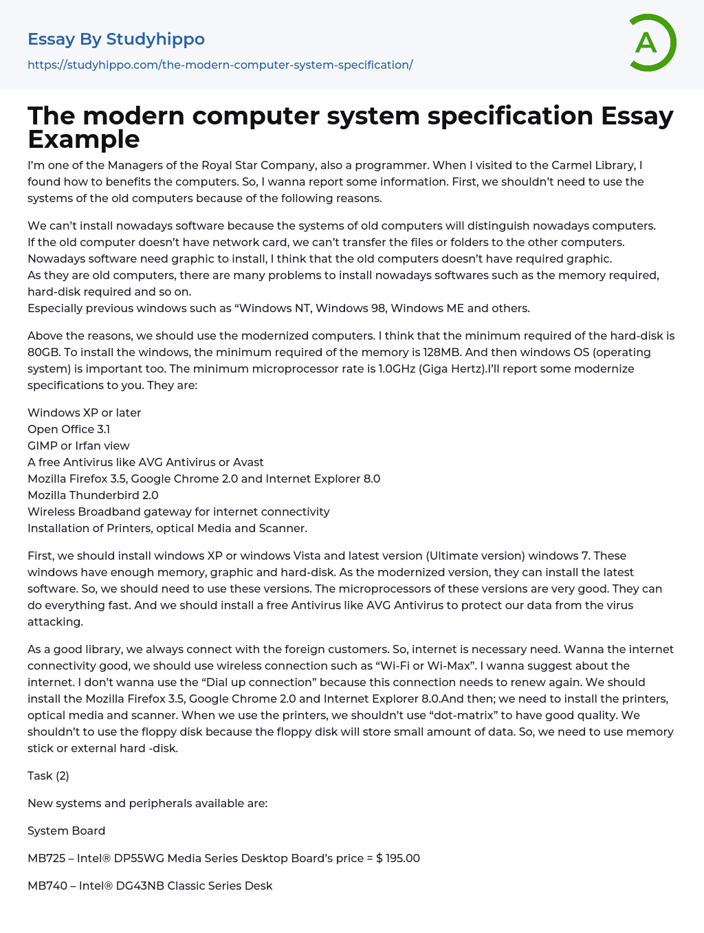 The modern computer system specification Essay Example