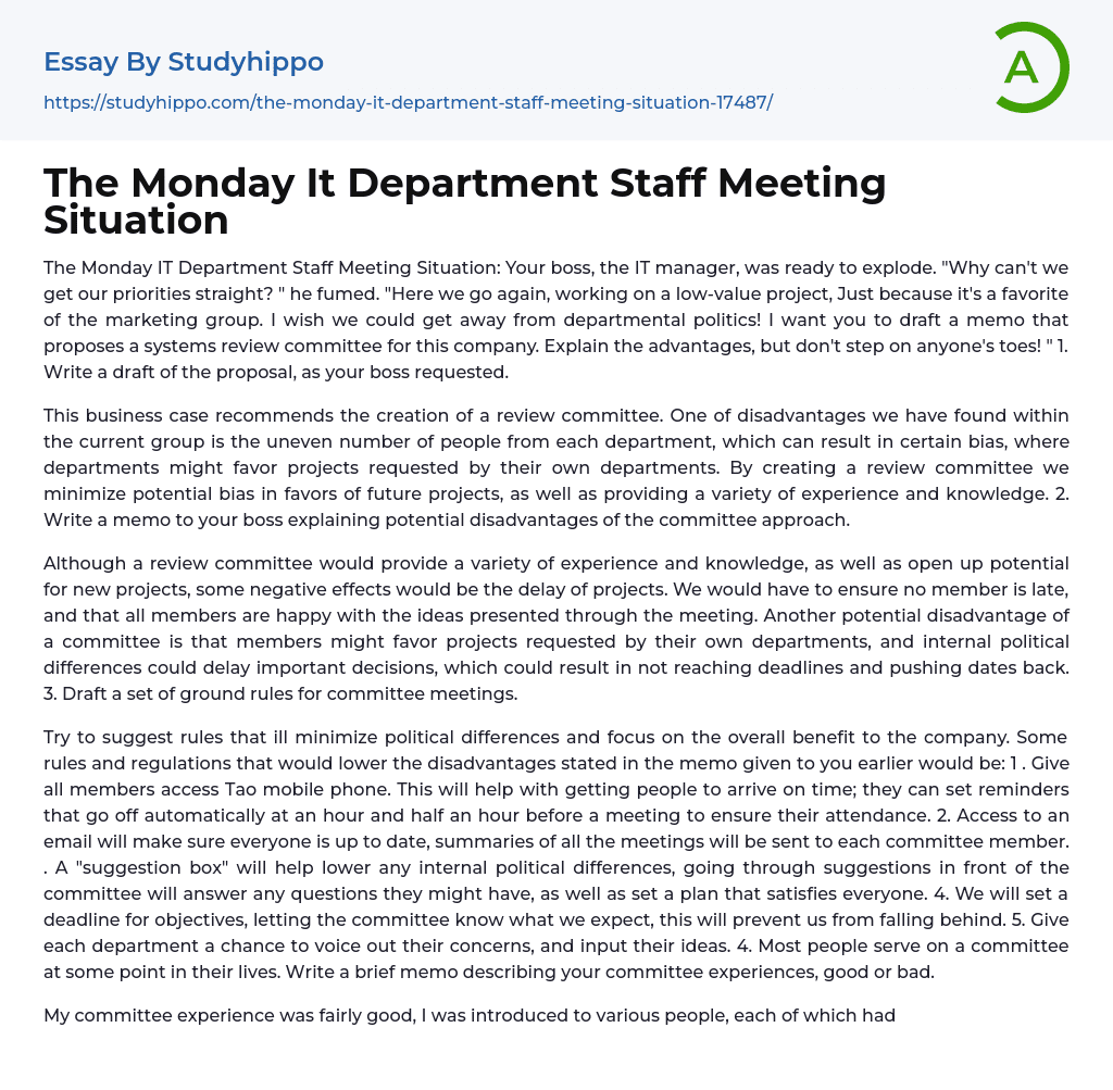 The Monday It Department Staff Meeting Situation Essay Example