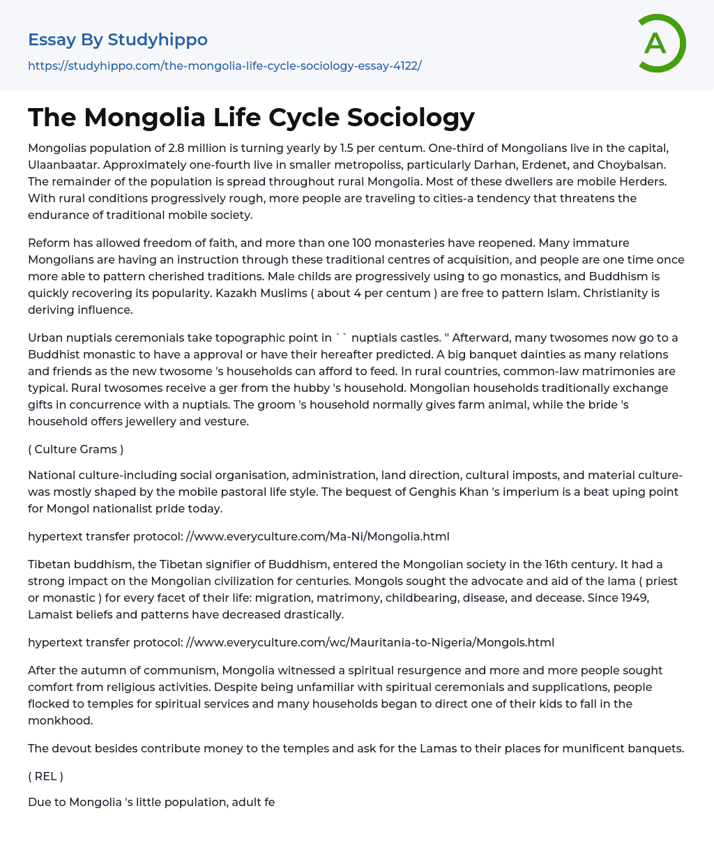 The Mongolia Life Cycle Sociology Essay Example