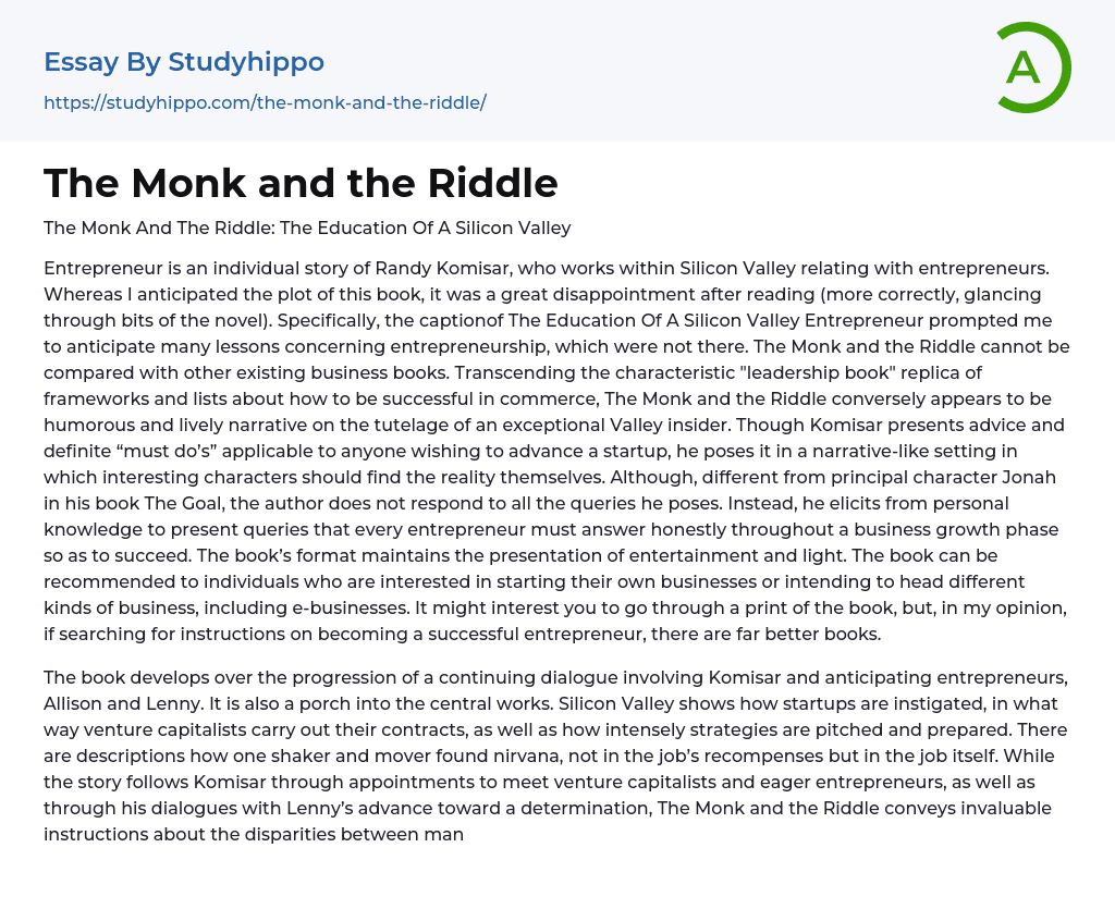 The Monk and the Riddle Essay Example