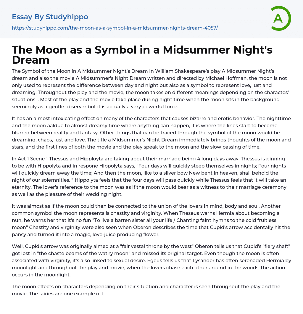 The Moon as a Symbol in a Midsummer Night’s Dream Essay Example