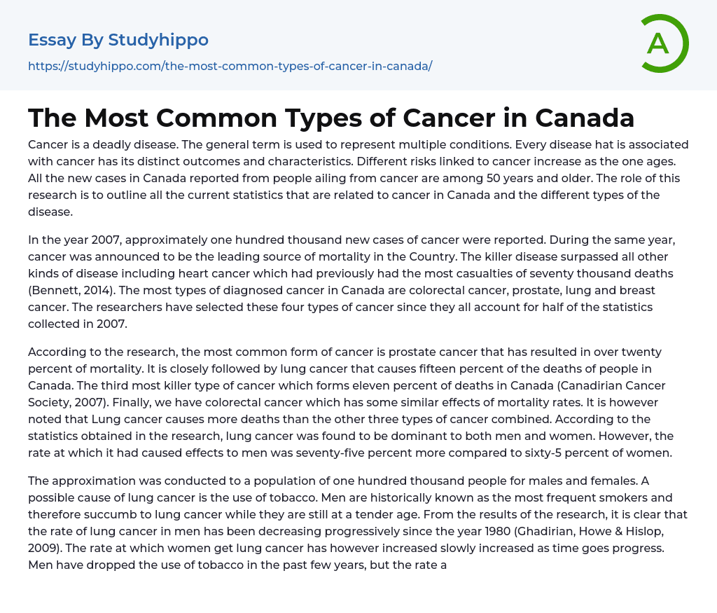 The Most Common Types of Cancer in Canada Essay Example