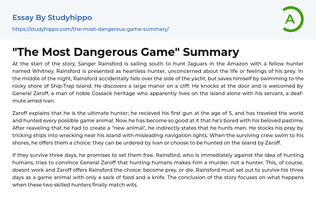 “The Most Dangerous Game” Summary Essay Example