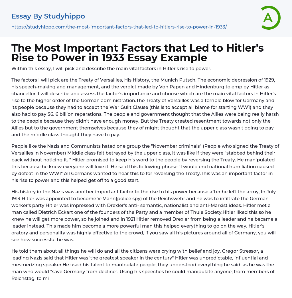 essay on how hitler came to power