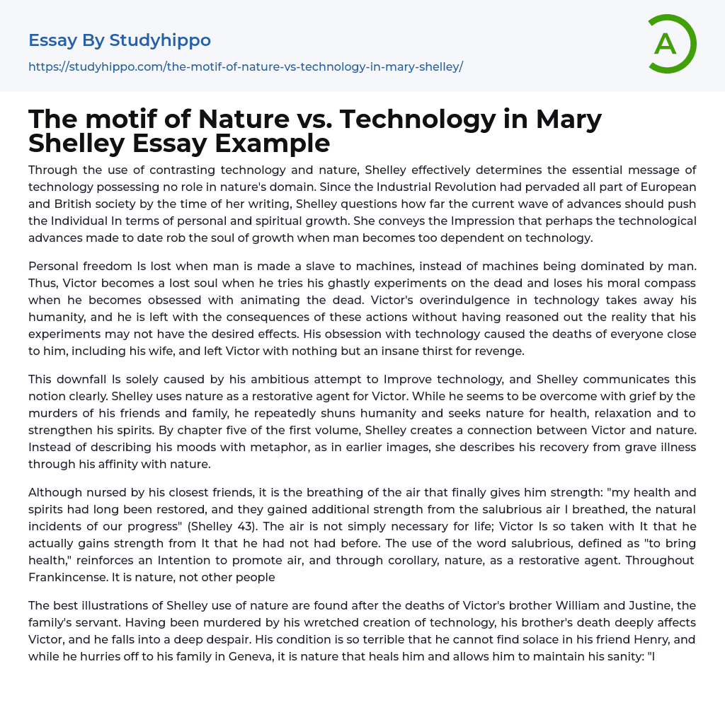 The motif of Nature vs. Technology in Mary Shelley Essay Example