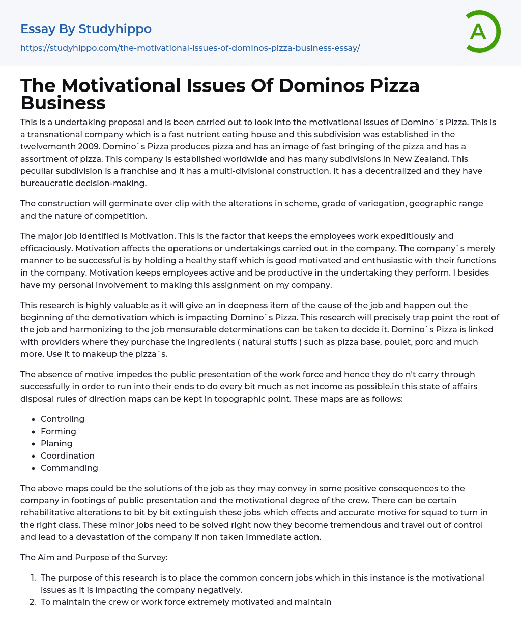 The Motivational Issues Of Dominos Pizza Business Essay Example