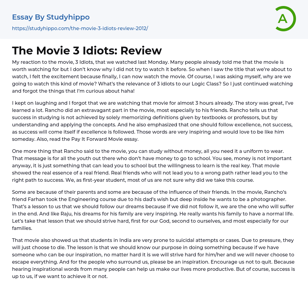 The Movie 3 Idiots: Review Essay Example