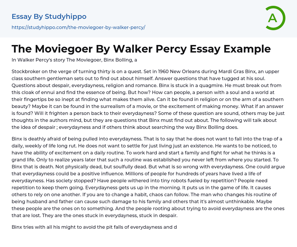 The Moviegoer By Walker Percy Essay Example