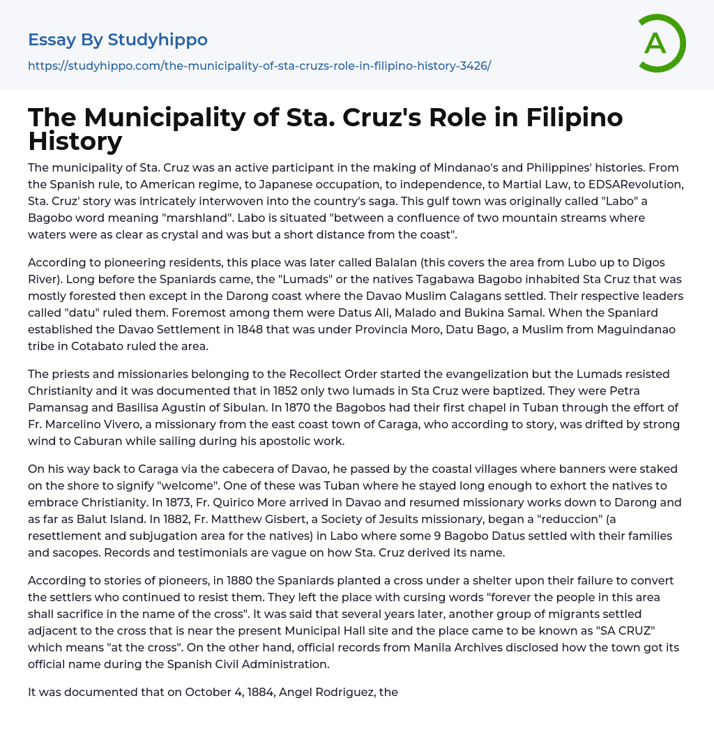 The Municipality of Sta. Cruz’s Role in Filipino History Essay Example