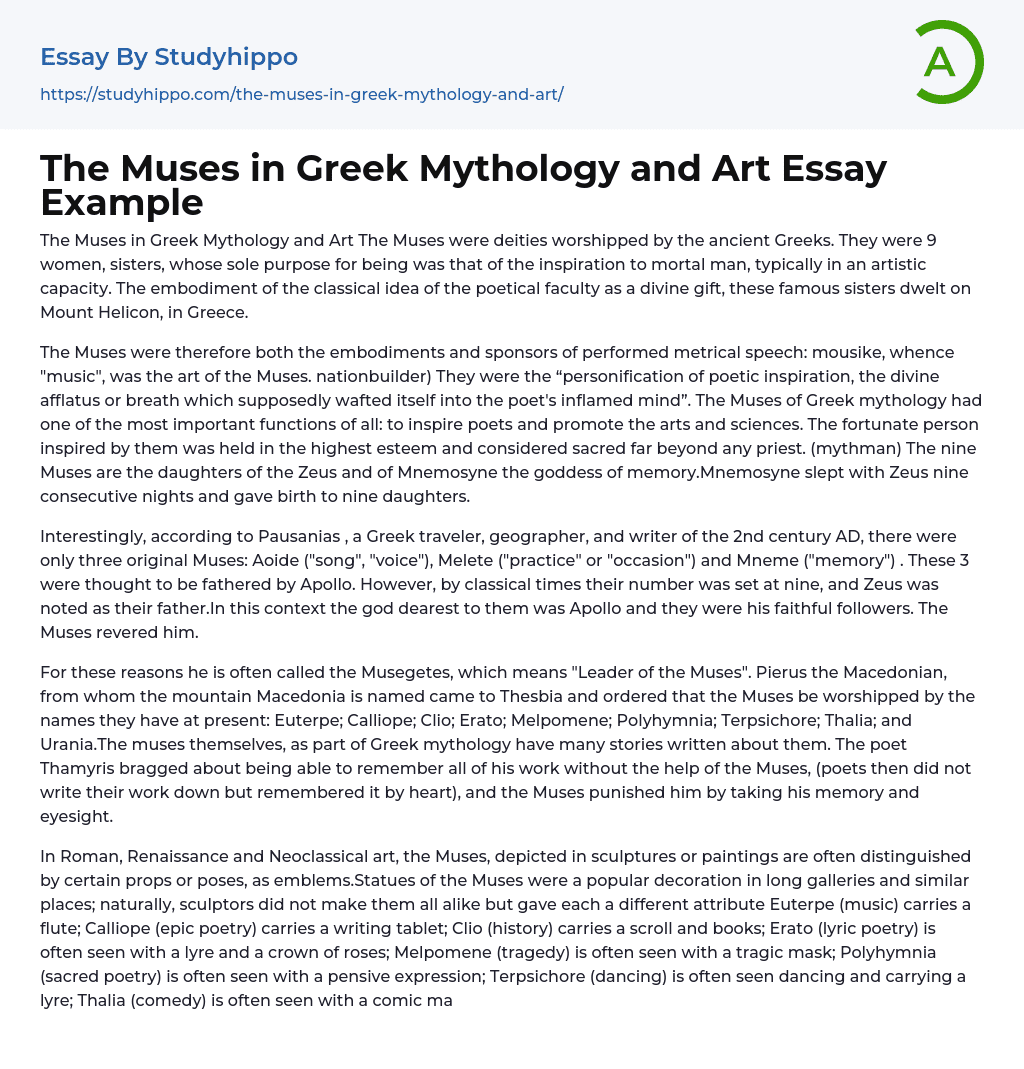 The Muses in Greek Mythology and Art Essay Example