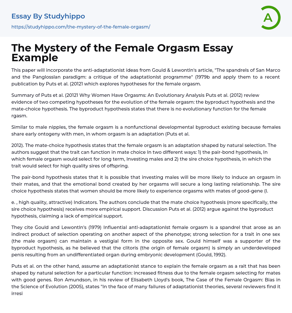 The Mystery of the Female Orgasm Essay Example