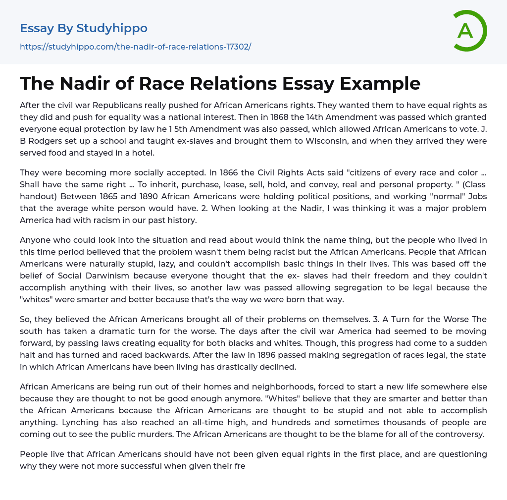 The Nadir of Race Relations Essay Example