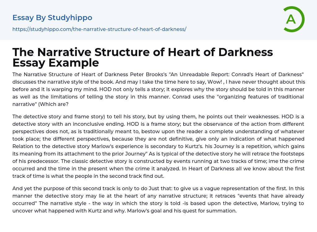 The Narrative Structure of Heart of Darkness Essay Example