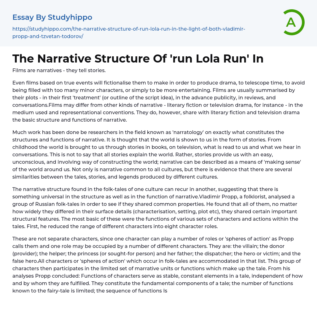 The Narrative Structure Of ‘run Lola Run’ In Essay Example