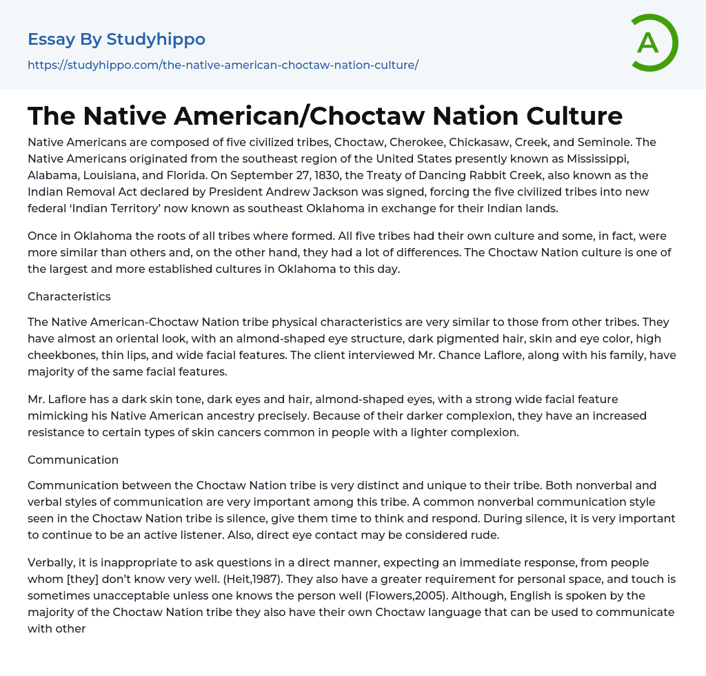 The Native American/Choctaw Nation Culture Essay Example