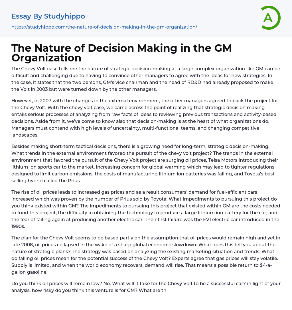 The Nature of Decision Making in the GM Organization Essay Example