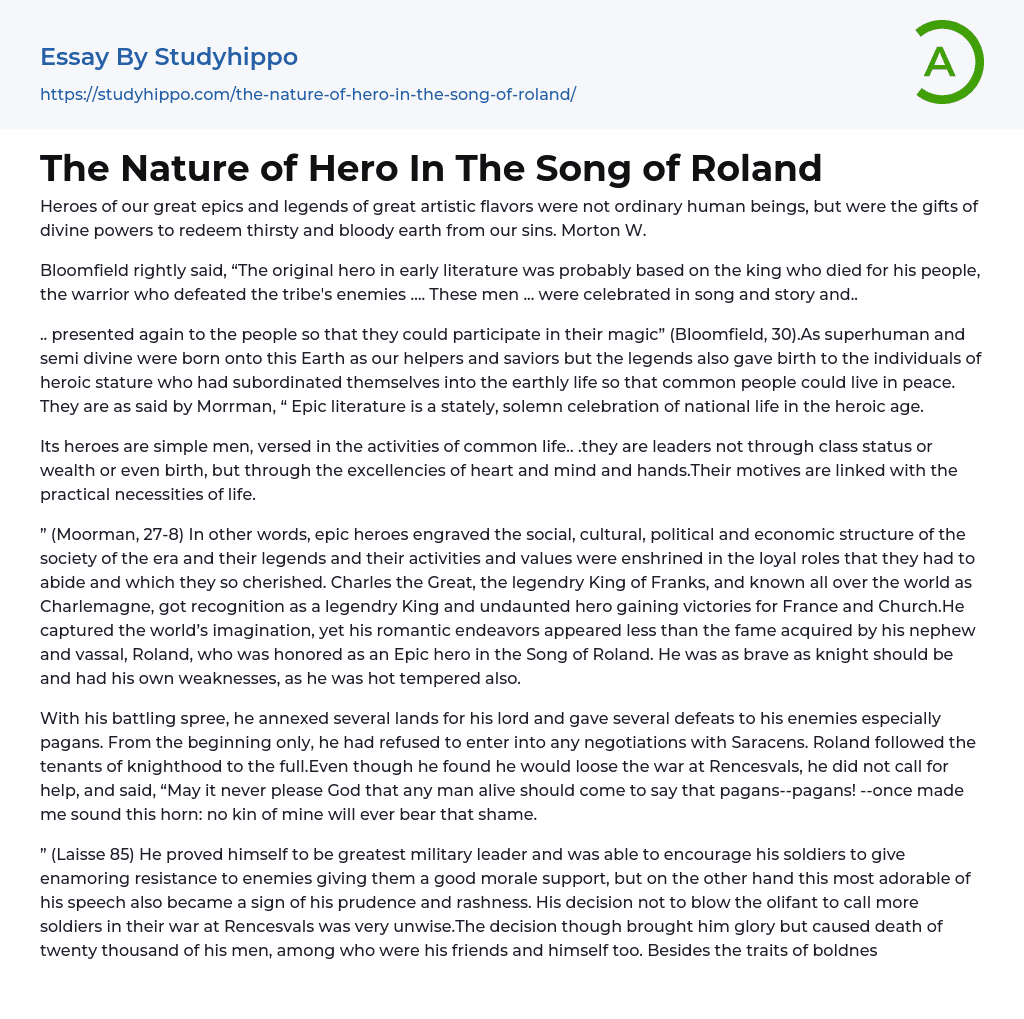 The Nature of Hero In The Song of Roland Essay Example