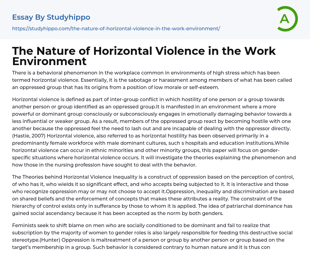 The Nature of Horizontal Violence in the Work Environment Essay Example