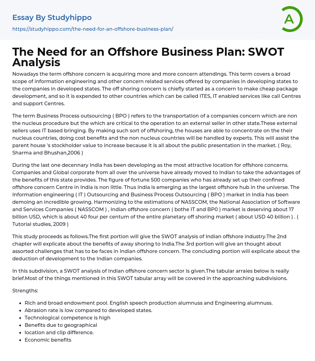 The Need for an Offshore Business Plan: SWOT Analysis Essay Example