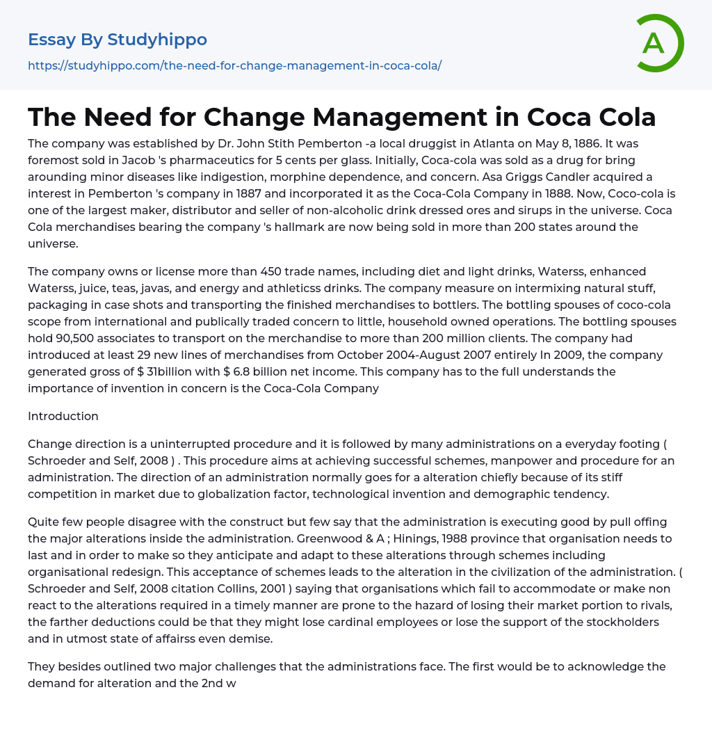 The Need for Change Management in Coca Cola Essay Example