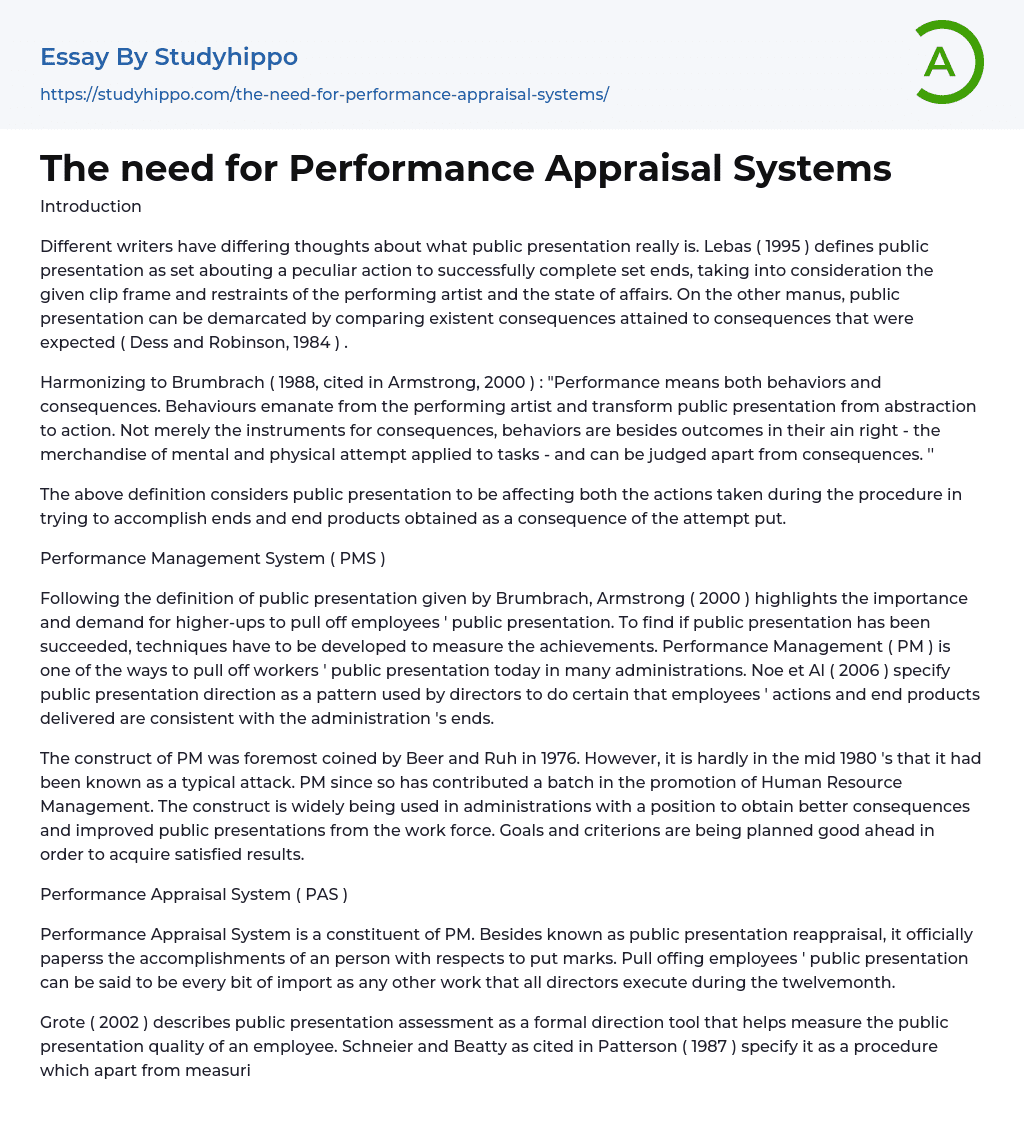 The need for Performance Appraisal Systems Essay Example