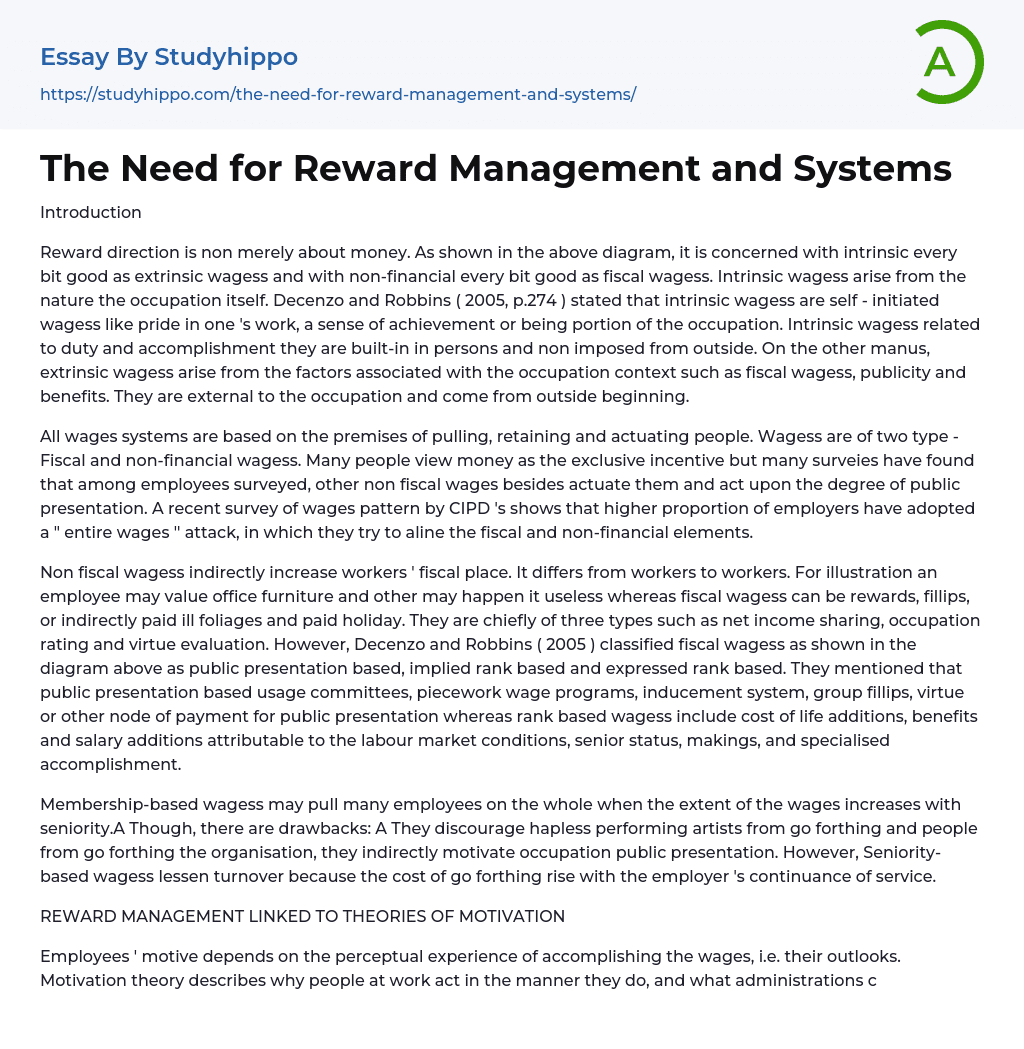 The Need for Reward Management and Systems Essay Example