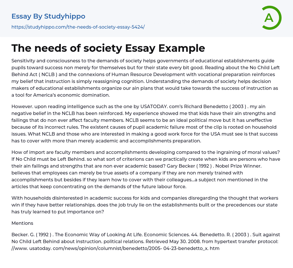 The needs of society Essay Example