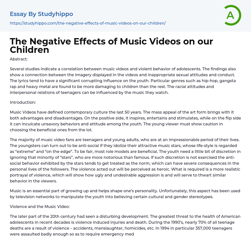 The Negative Effects of Music Videos on our Children Essay Example