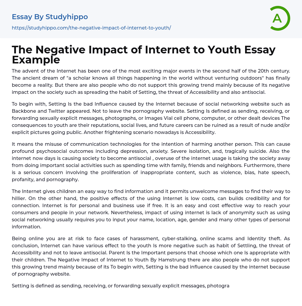 The Negative Impact Of Internet To Youth Essay Example StudyHippo