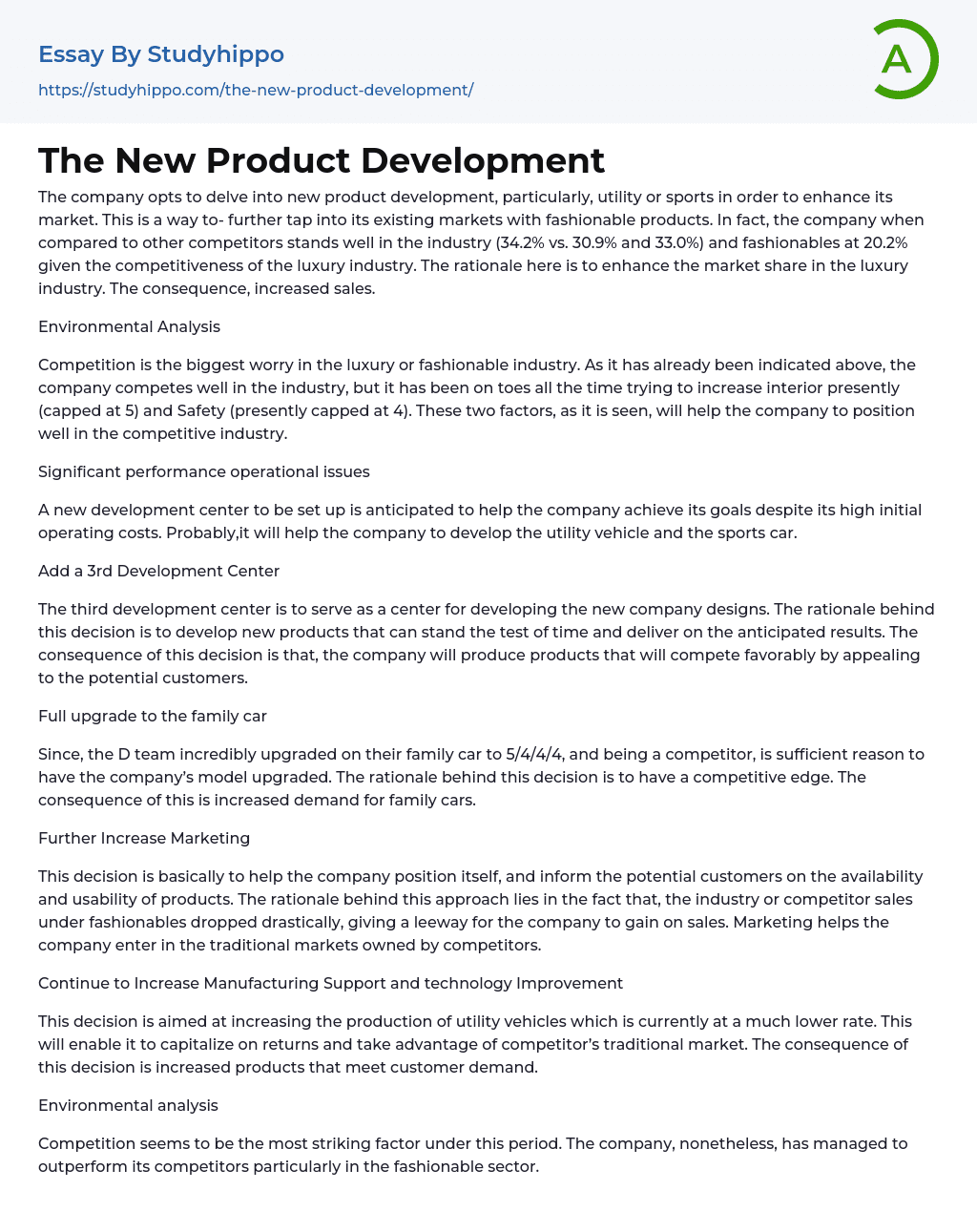 The New Product Development Essay Example