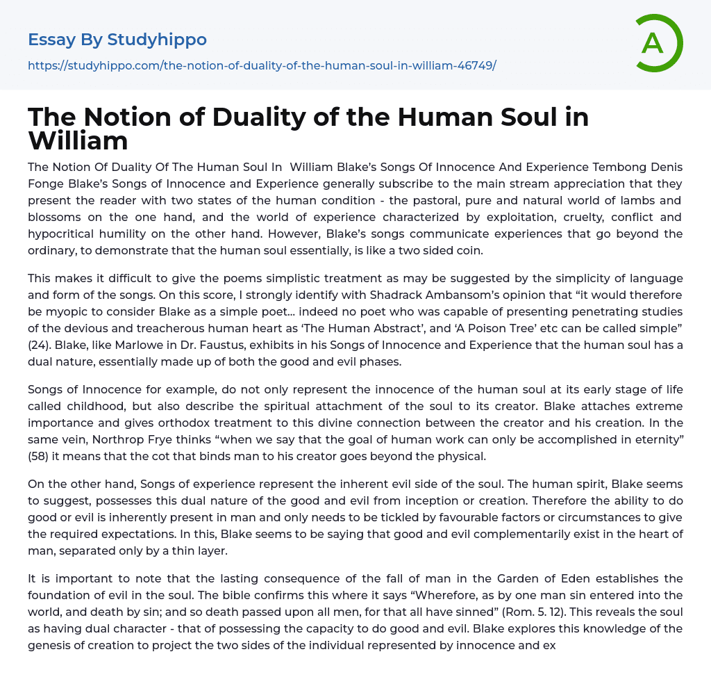 The Notion of Duality of the Human Soul in William Essay Example
