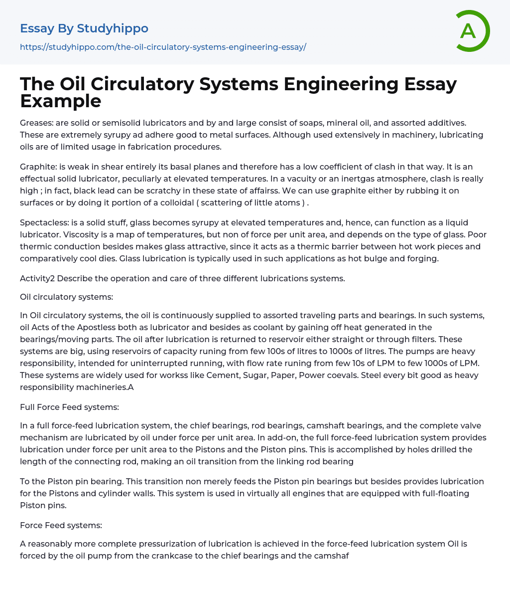 The Oil Circulatory Systems Engineering Essay Example