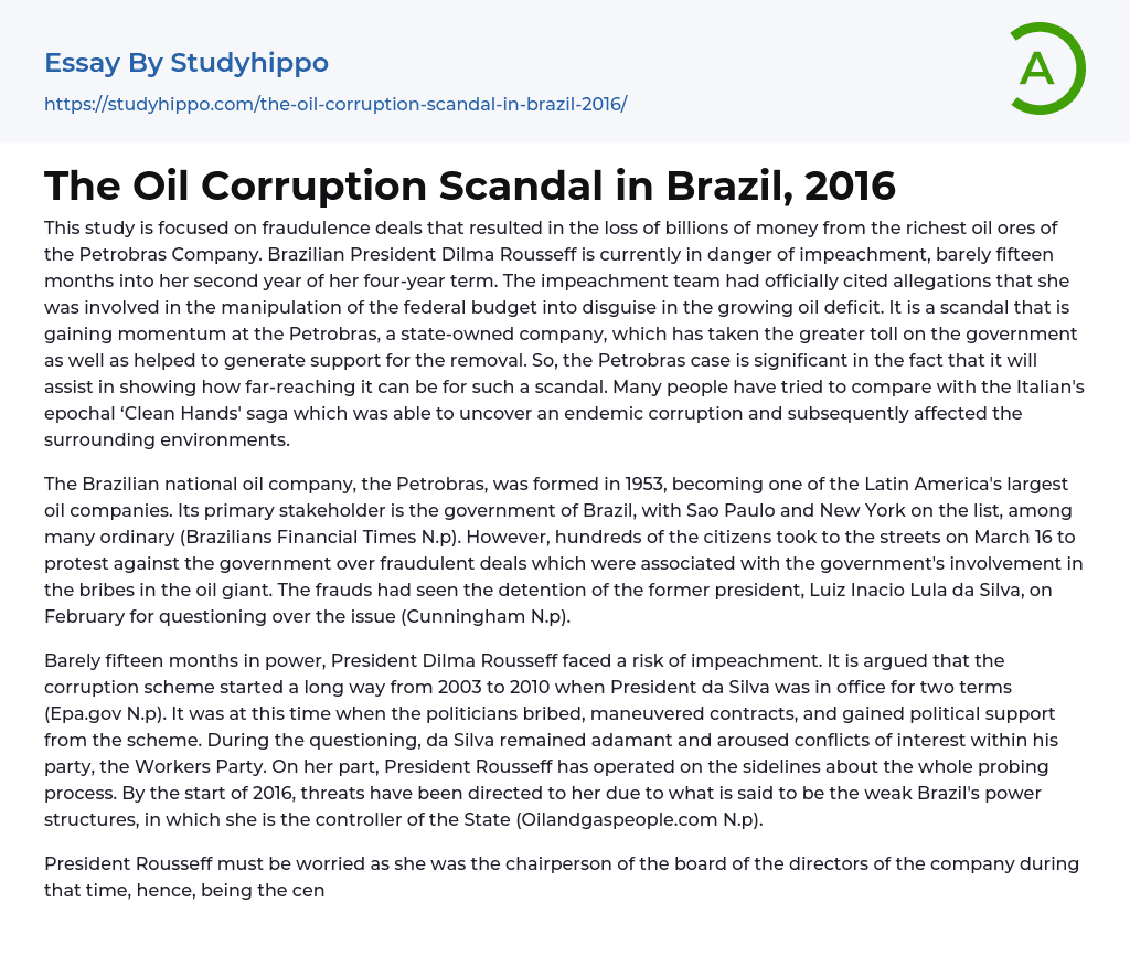 The Oil Corruption Scandal in Brazil, 2016 Essay Example