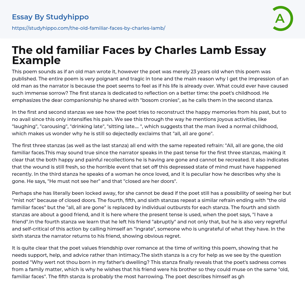 The old familiar Faces by Charles Lamb Essay Example