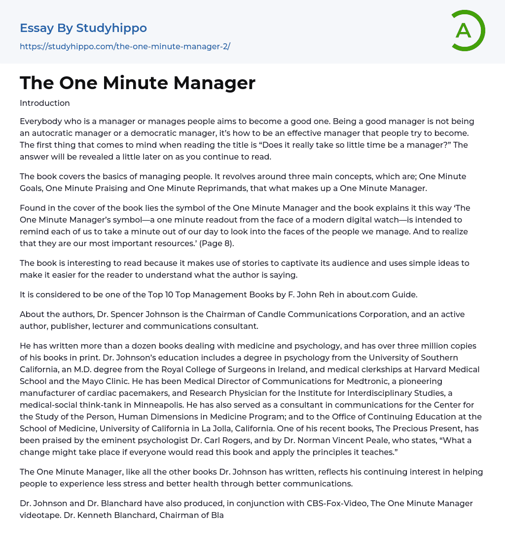 The One Minute Manager Essay Example