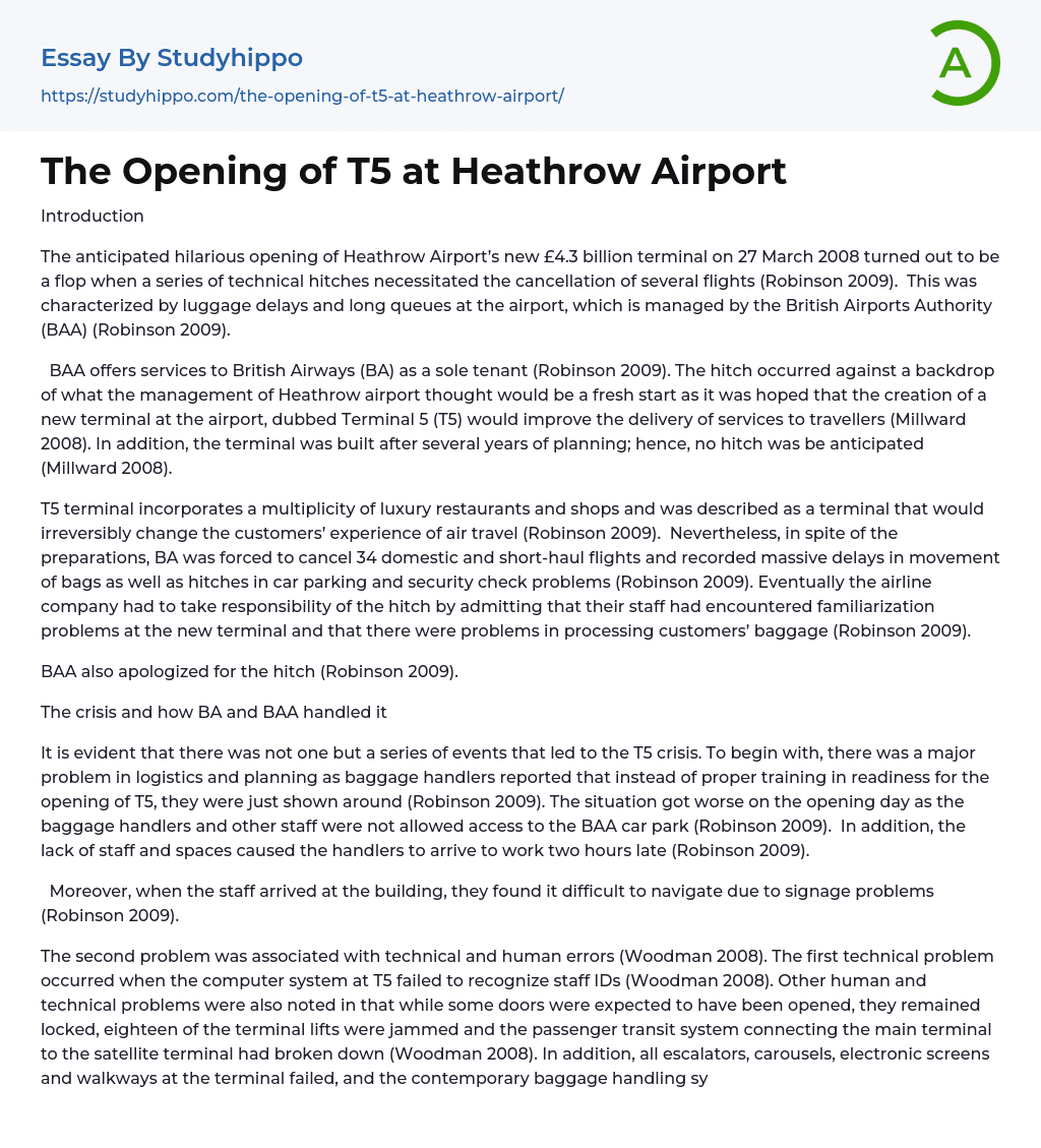 The Opening of T5 at Heathrow Airport Essay Example