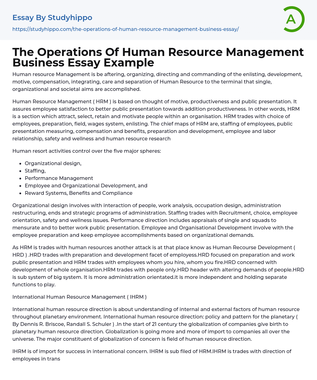 The Operations Of Human Resource Management Business Essay Example