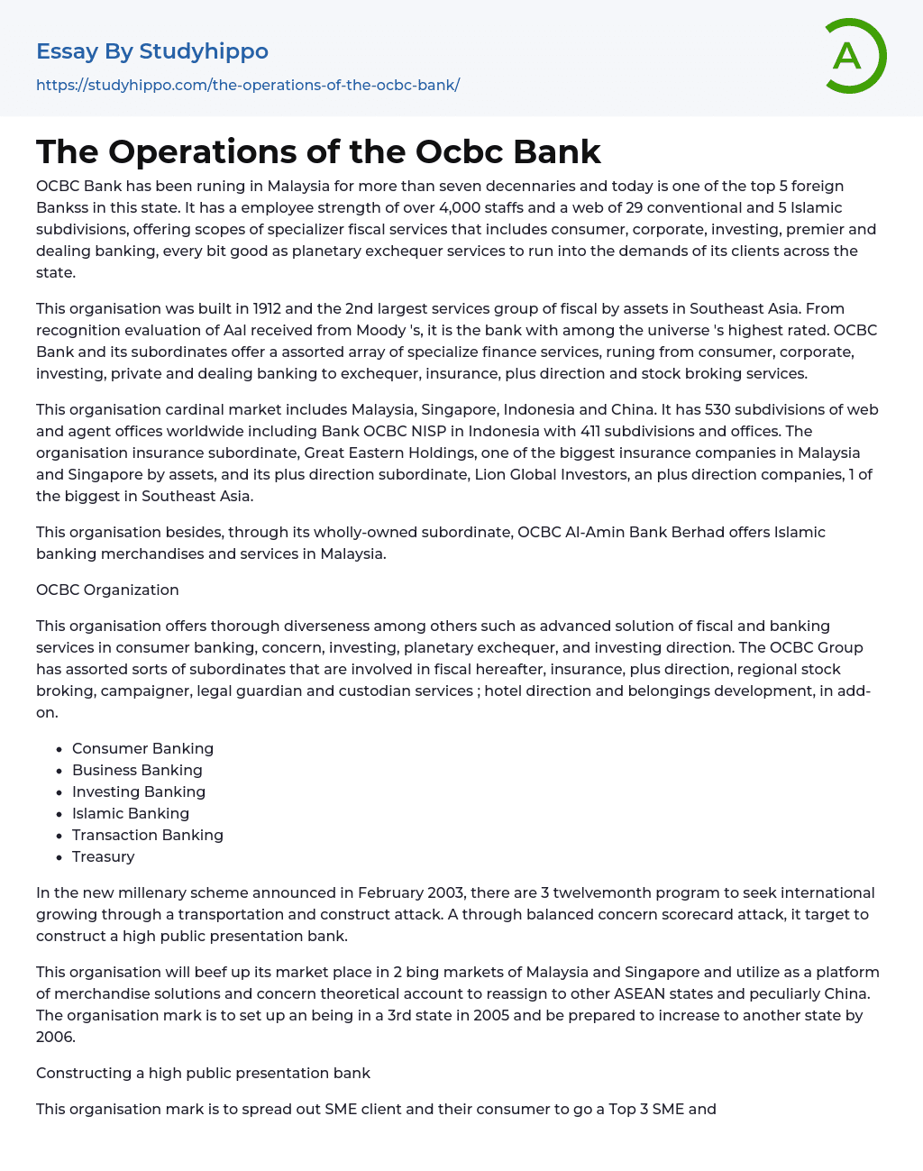 The Operations of the Ocbc Bank Essay Example